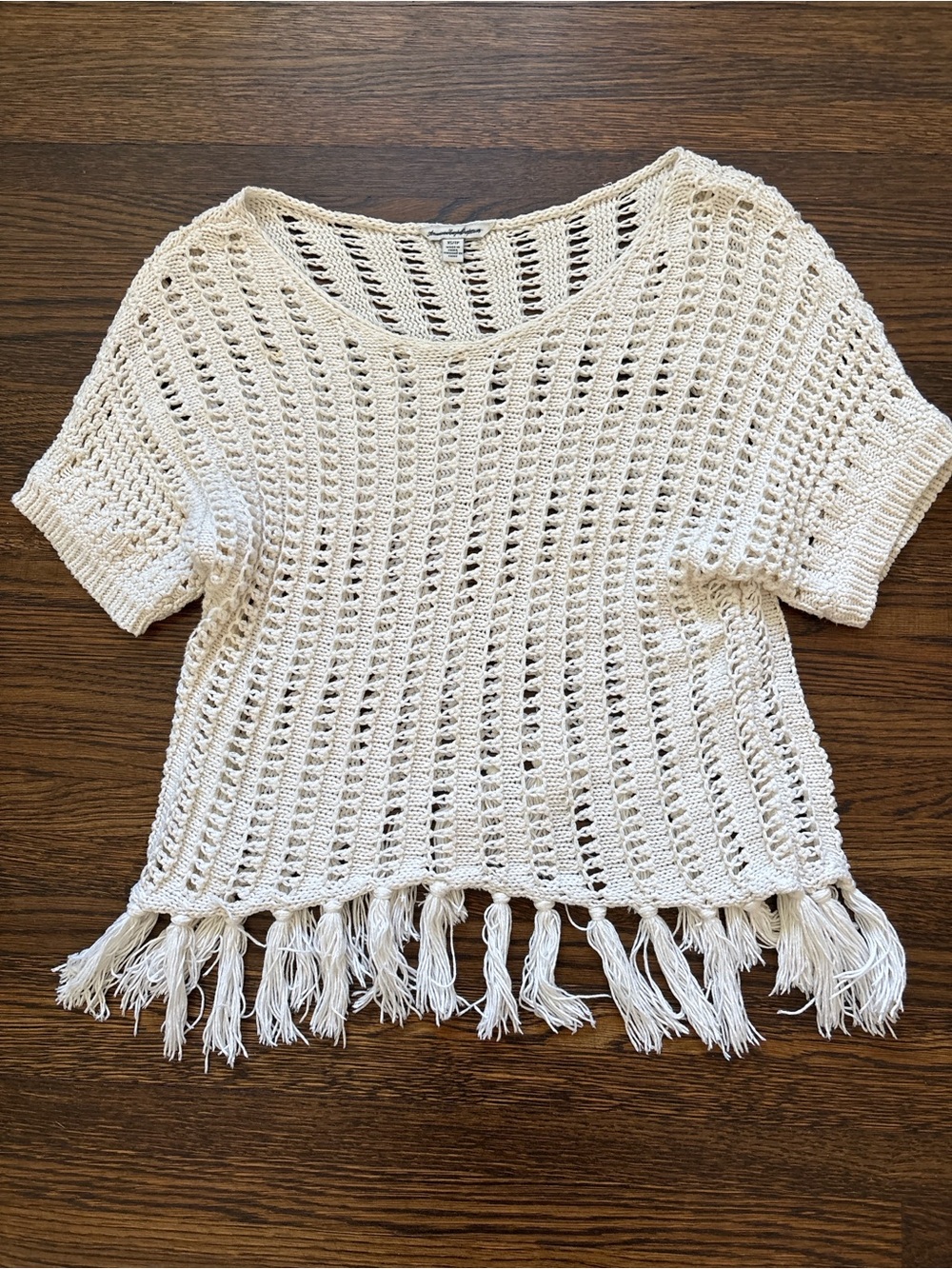 American Eagle Outfitters Cream Open-Knit Short Sleeve Sweater with Fringe